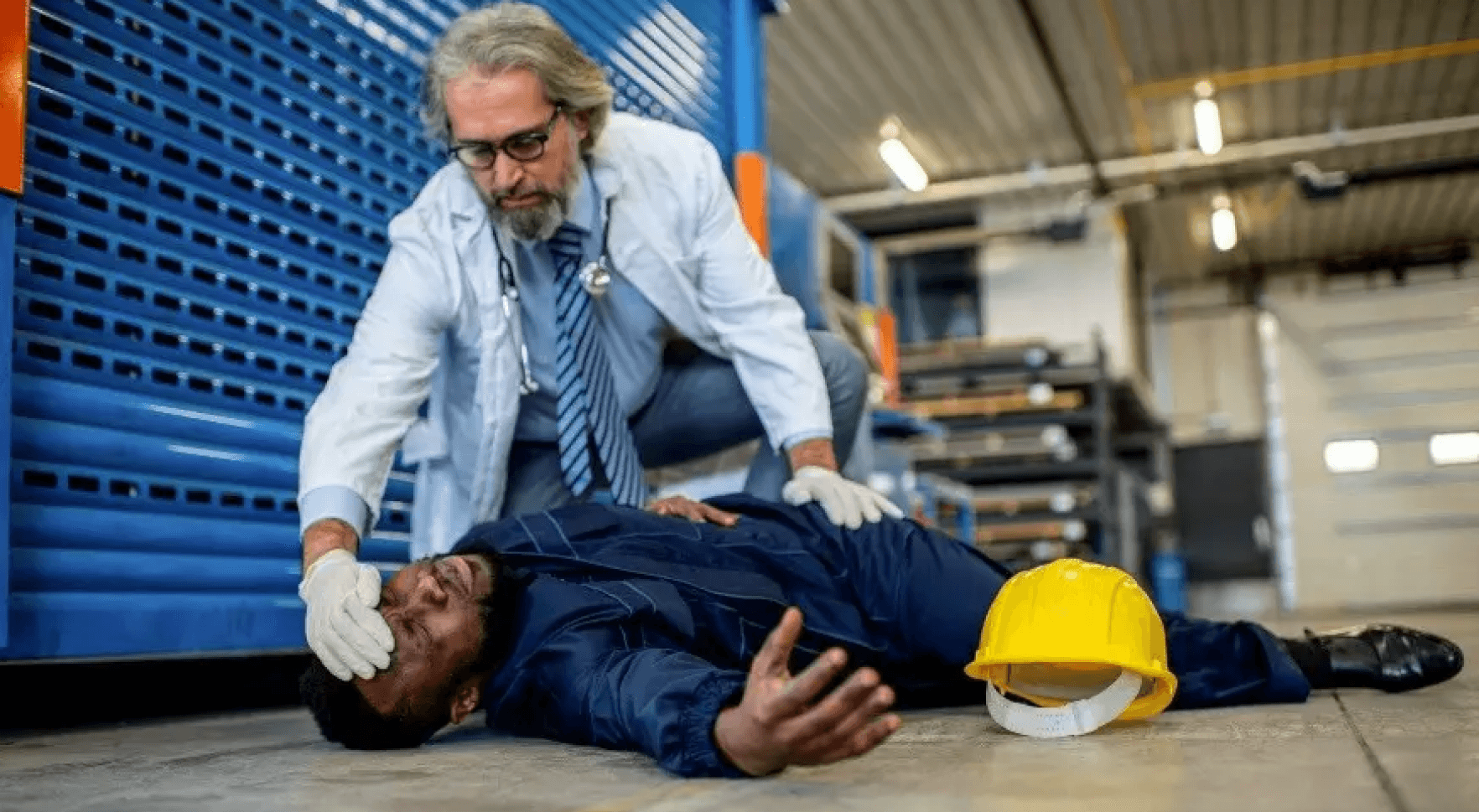 Physician delivering emergency care in an industrial worksite environment