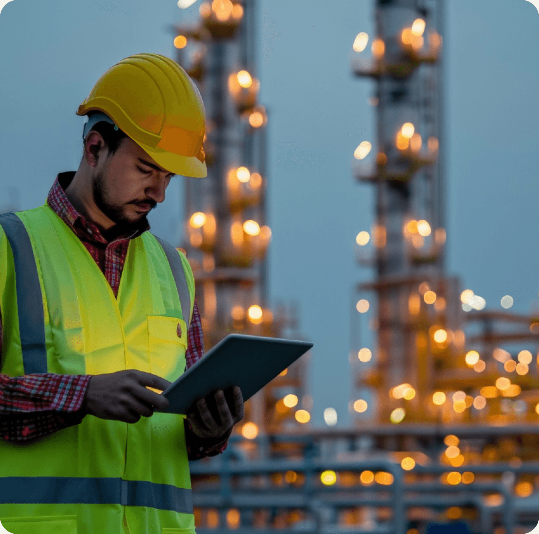Industrial site worker reviewing coverage plans on a tablet at a remote drilling operation