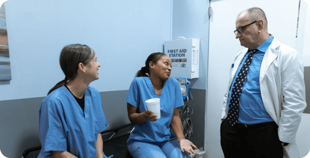 Clinical team collaborating in a hospital break room