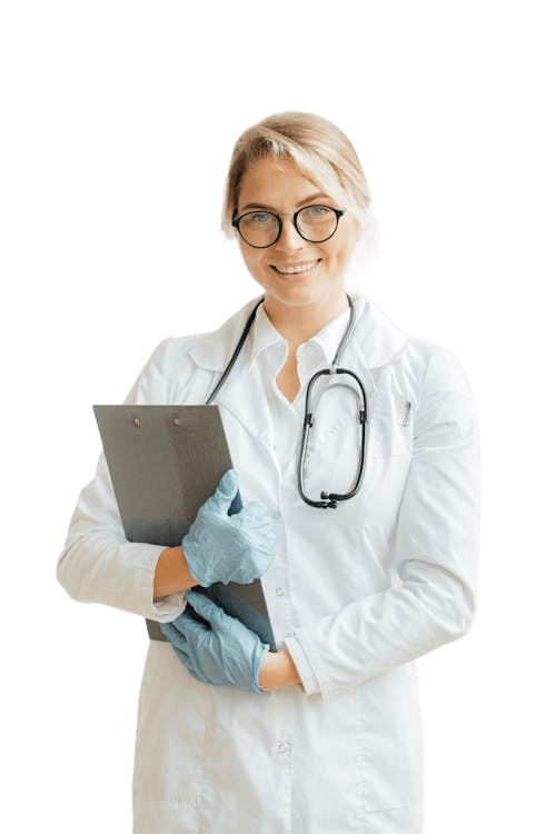 Smiling physician in a white coat with a stethoscope, holding a clipboard