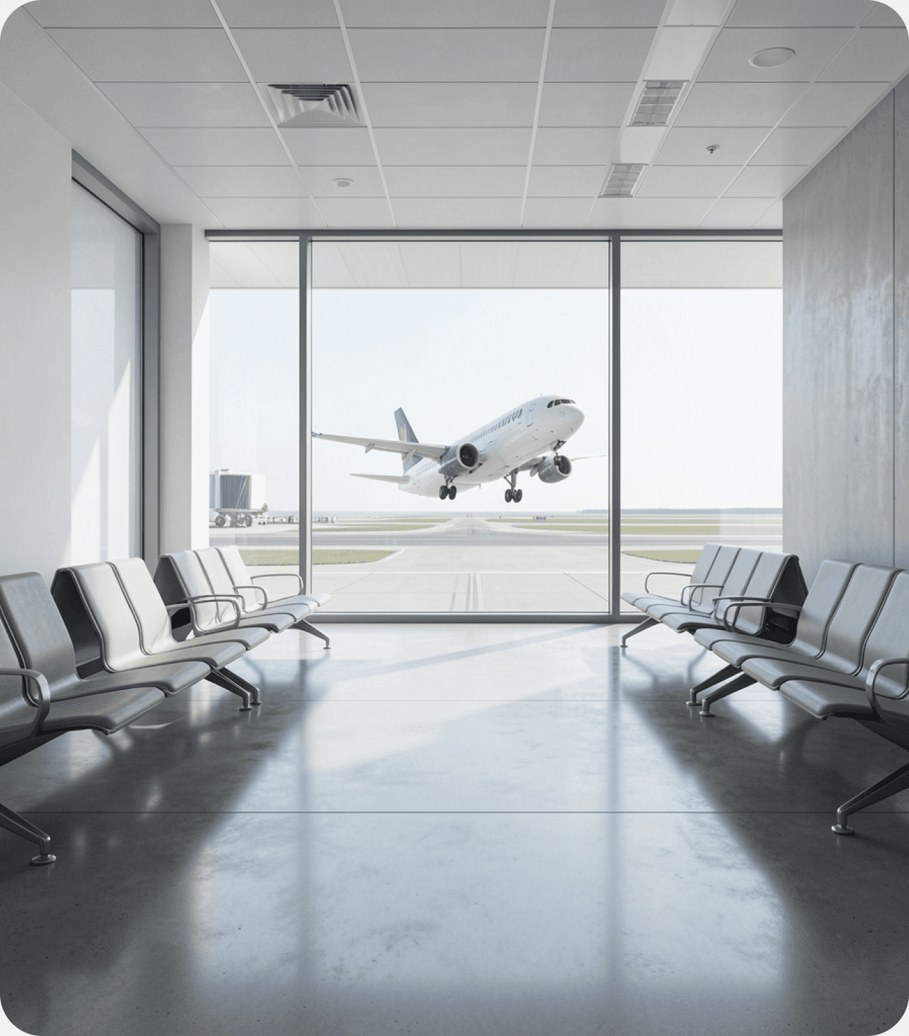 Airport terminal with flight taking off — travel and lodging coordinated for you