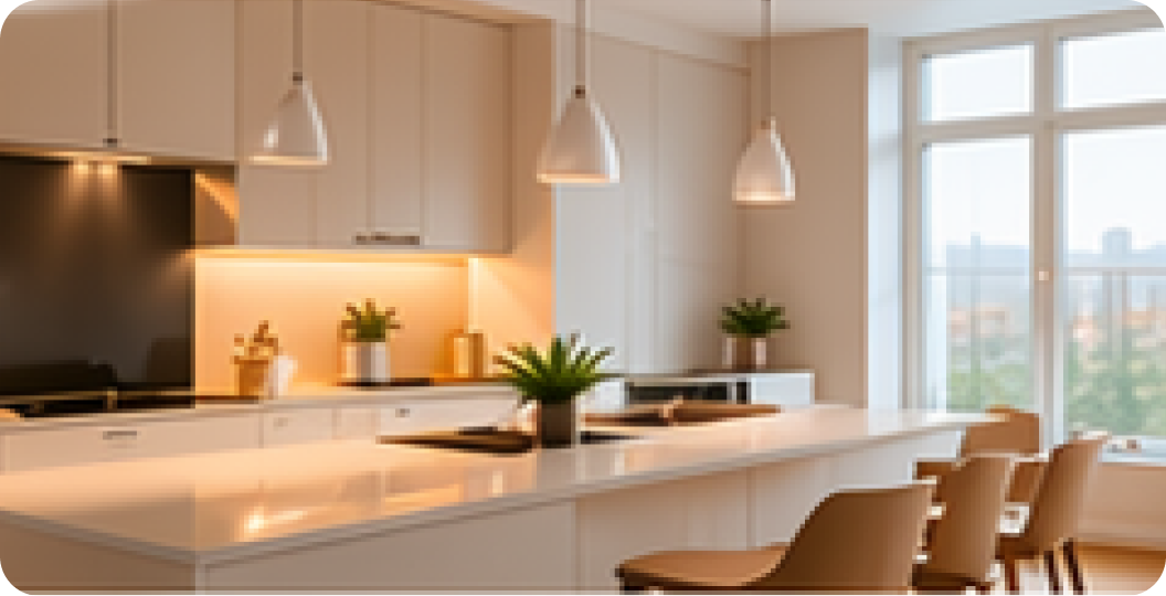 Contemporary kitchen with island seating and city view